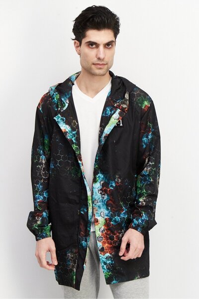 KA-1 Men Allover Print Windbreaker Hooded Jacket, Black Combo