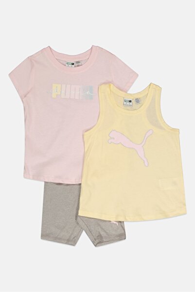 Puma Kids Girl 3 Pieces Sportswear Fit Brand Logo Top And Shorts Set, Multicolor