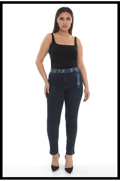 EXİTLİNE Women's Belted-Stones Navy Blue Denim Jeans