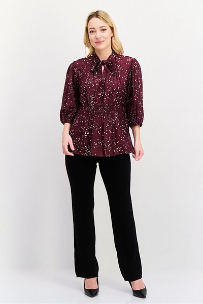 Scotch & Soda Women Tie Neck 3/4th Sleeve Allover Print Shirt, Maroon