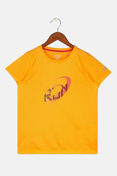 Asics Kids Girl Short Sleeve Brand Logo Sportswear Tee, Neon Orange Combo