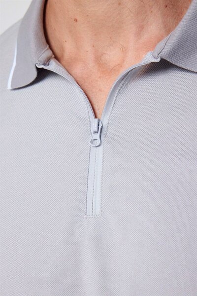 Tudors Ανδρικό μπλουζάκι Slim Fit Slim Fit Βαμβακερό μπλουζάκι με φερμουάρ γκρι γιακά πόλο