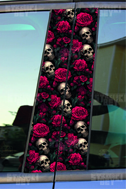 STİCKERCI BEY GÜLLER İÇİNDE KURU KAFALAR Kapı Direk Kaplama Folyosu BASKILI STİCKER Sağ-Sol 2 Adet 22*50 CM