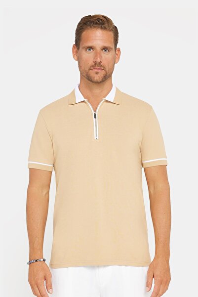 Tudors Ανδρικό μπλουζάκι Polo Slim Fit Slim Fit 100% βαμβακερό Flat Pike με φερμουάρ άμμου