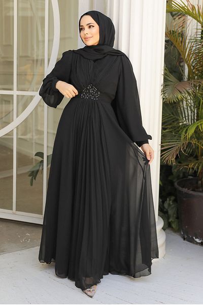 Neva Style Drape Detailed Black Hijab Evening Dress 4448S