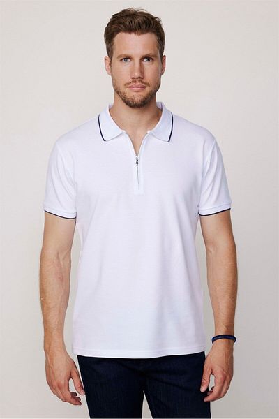 Tudors Мъжка тънка тениска Slim Fit 100% памук, бяла тениска с цип и яка с цип