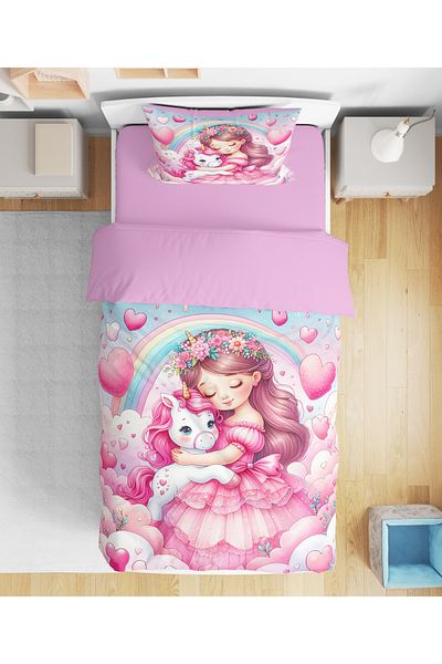 Erays Home Set de lenjerie de pat pentru o singură fetiță prințesă și unicorn imprimat digital 3d fără cearșaf