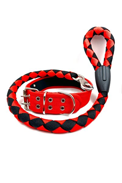 Tasma Market Kırmızı-Siyah Sağlam Köpek Gezdirme ve Boyun Tasması Seti