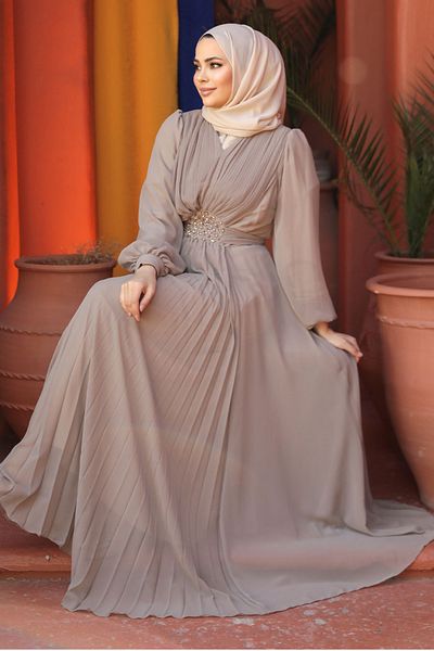 Neva Style Drape Detailed Mink Hijab Evening Dress 4448V