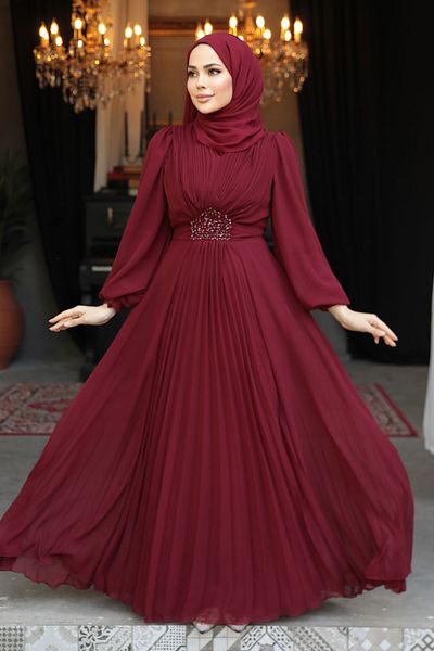 Neva Style Rochie de seara cu hijab - Rochie de seara musulmana burgundy cu detaliu drapat 4448br