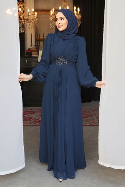 Neva Style Drape Detailed Navy Blue Hijab Evening Dress 4448L