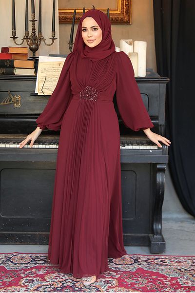 Neva Style Rochie de seara cu hijab - Rochie de seara musulmana burgundy cu detaliu drapat 4448br