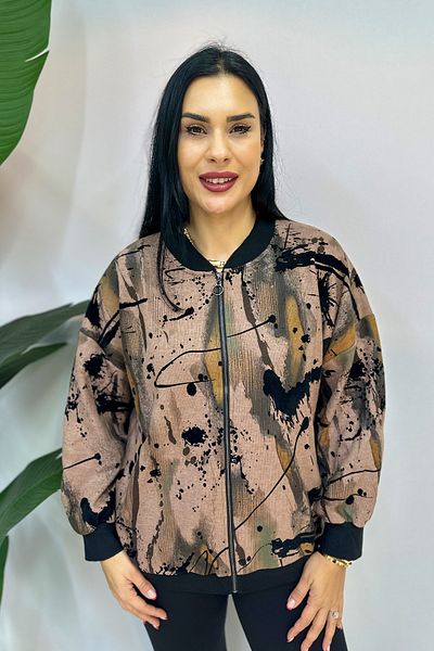 GÖKSEL Plus Size Zippered Printed Sweatshirt - Brown