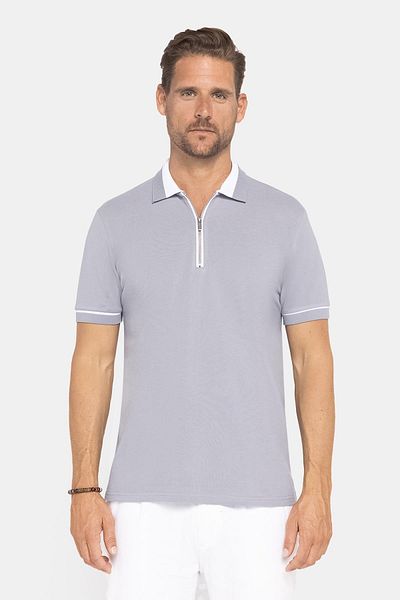 Tudors Men's Slim Fit Slim Fit 100% Cotton Plain Pique Zippered Gray Polo Collar T-Shirt