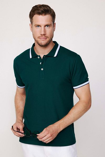 Tudors Ανδρικό μπλουζάκι Slim Fit Slim Fit 100% βαμβακερό απλό μανίκι πικέ με ριγέ πράσινο γιακά πόλο μπλουζάκι
