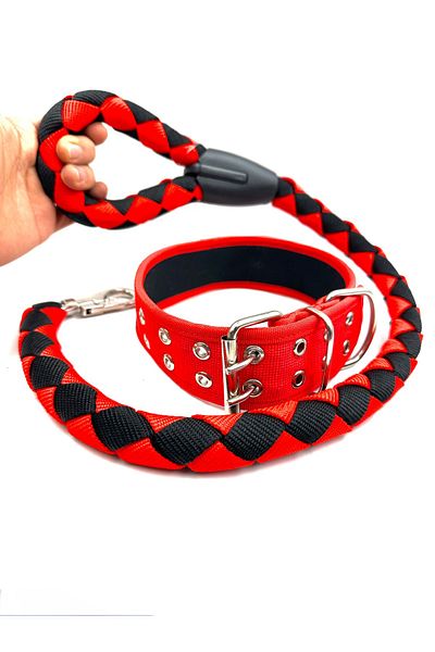 Tasma Market Red-Black Sturdy Dog Walking and Neck Collar Set