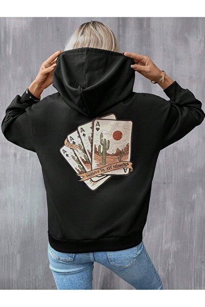 donamod Seria Coke Playing Card Print Drop Shoulder Drawstring Hoodie