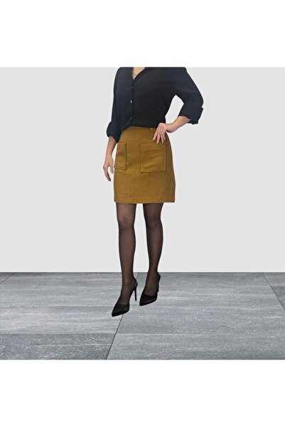 ABAS Hardal Rengi Kaşe Kumaş Yüksek Bel Önden Cepli Diz Üstü Mini Etek
