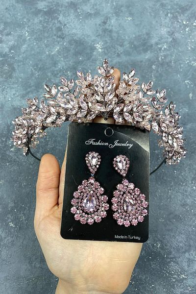Hayalperest boncuk Pink Asleny Bead Embroidered Bridal Henna Crown and Jewelled Earring Set