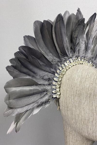 Hayalperest boncuk Hera Gray Feathered Stoned Bridal Henna Crown Accessory