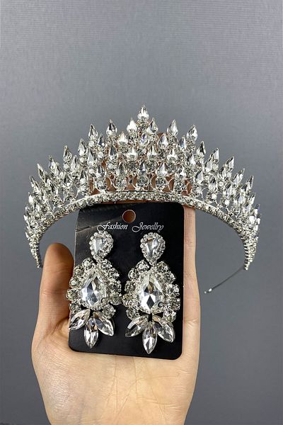 Hayalperest boncuk Set coroană de mireasă 3D și cercei rochii de seară Silver Drop