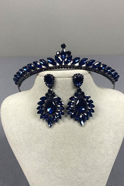 Hayalperest boncuk Navy Blue Ece Bridal Henna Crown and Drop Shuttle Earring Set