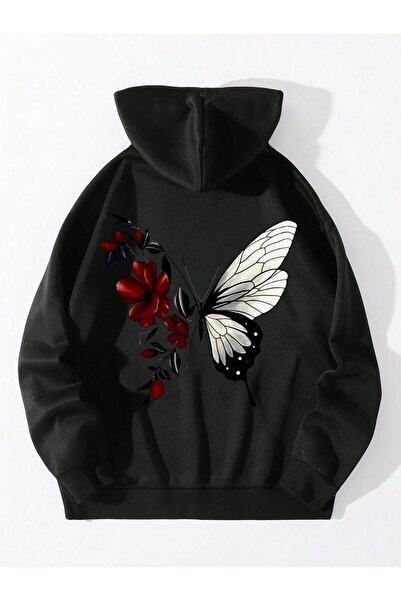 donamod Hanorac căptușit termic cu șnur cu imprimeu floral și fluture din ser...