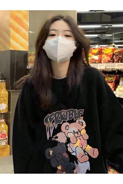 donamod Coke series Cartoon Bear & Letter Graphic Drop Shoulder Pullover