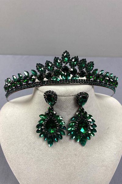 Hayalperest boncuk Green Leyn Bridal Henna Crown and Drop Shuttle Earring Set