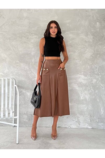 JANES Дамска кожена пола с висока талия, джоб и копчета, възможност за избор,...