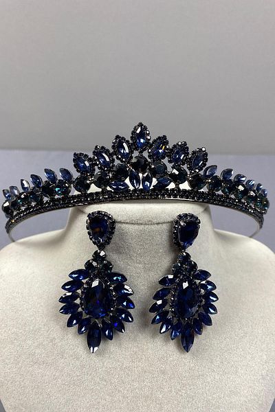Hayalperest boncuk Navy Blue Leyn Bridal Henna Crown and Drop Shuttle Earring Set
