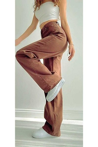 Trn JNS Loiss Brown Lycra Super ψηλόμεσο φαρδύ τζιν Palazzo παντελόνι. (σούπερ ψηλά)