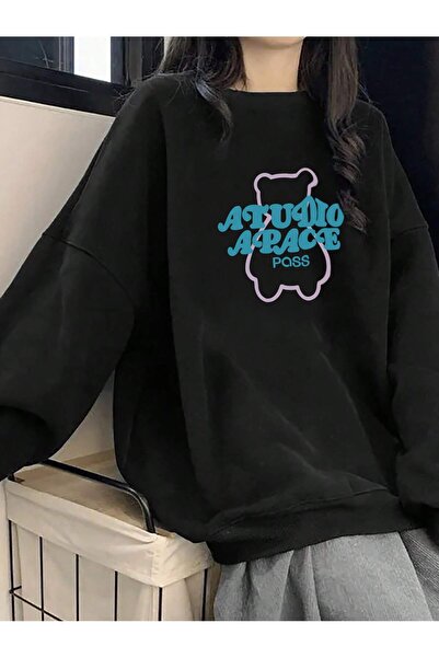 donamod Coke series Letter & Cartoon Bear Pattern Drop Shoulder Pullover