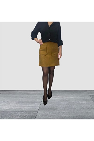 ABAS Hardal Rengi Kaşe Kumaş Yüksek Bel Önden Cepli Diz Üstü Mini Etek