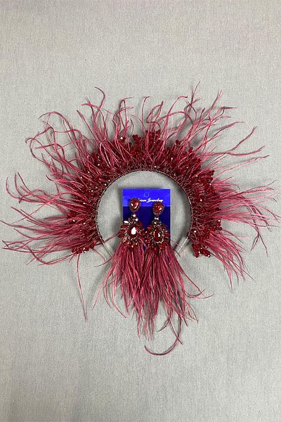 Hayalperest boncuk Sirius Bordo Cristal cu Mărgele pentru Mireasă cu Henna și Cercei cu Pene