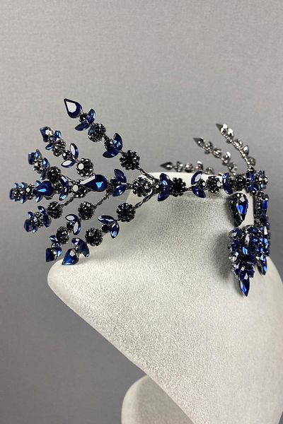 Hayalperest boncuk Navy Blue Hellenist Double Sided Bridal Henna Crown and Jewelled Earring Set