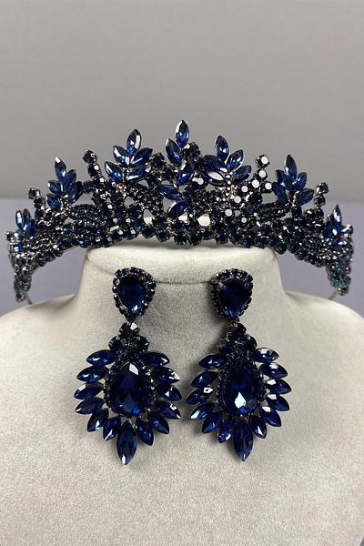 Hayalperest boncuk Set de coroană și cercei cu henna de mireasă Belur bleumarin