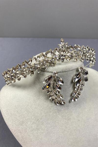 Hayalperest boncuk Vera Bridal Crown and Leaf Earrings - Silver Thin Elegant