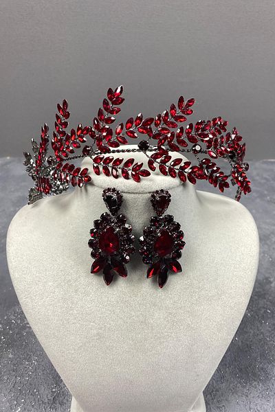 Hayalperest boncuk Set de accesorii pentru păr de mireasă cu ramuri de frunze de Dilana burgundy și cercei