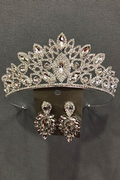 Hayalperest boncuk Cennet Gümüş Rengi Gelin.Kına Tacı ve Küpe Takımı