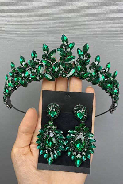 Hayalperest boncuk Coroana și cerceii de henna pentru mireasă verde Subra