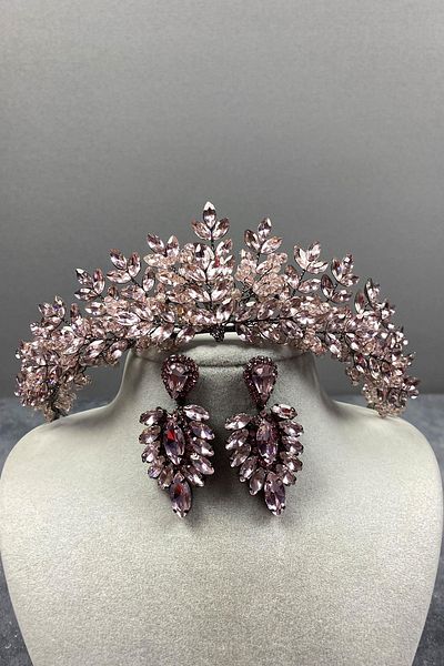 Hayalperest boncuk Pink Asleny Bead Embroidered Bridal Henna Crown and Shuttle Earring Set