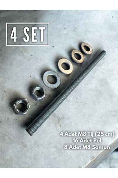 Nalbur Bakkal 25 cm Galveniz M8 Gijon,Tij Ve Saplama Seti Pul somun 4 Set