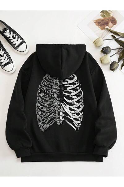 donamod Coke series Skeleton Print Zip Up Thermal Lined Drawstring Hoodie
