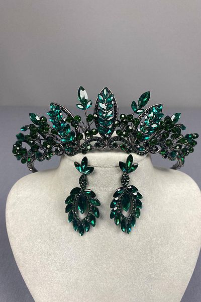 Hayalperest boncuk Green Jabbah Bead Embroidered Bridal Henna Crown and Shuttle Earring Set