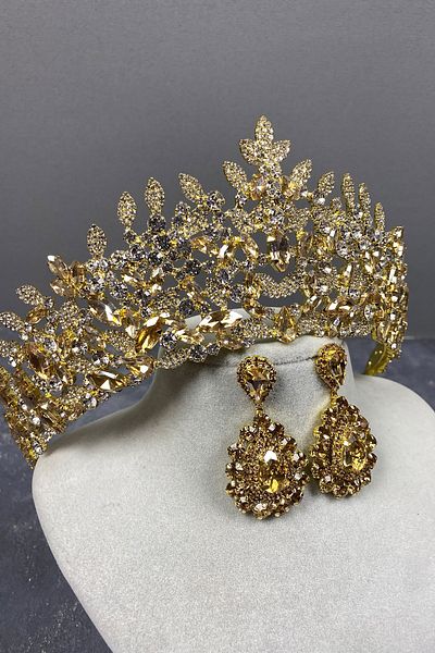 Hayalperest boncuk Honey Color Oscar Bridal Henna Crown and Drop Earring Set