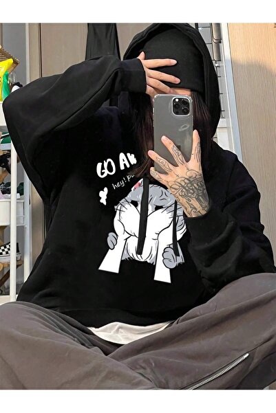 donamod Seria Coke Letter & Cartoon Graphic Raglan Sleeve Drawstring Hoodie