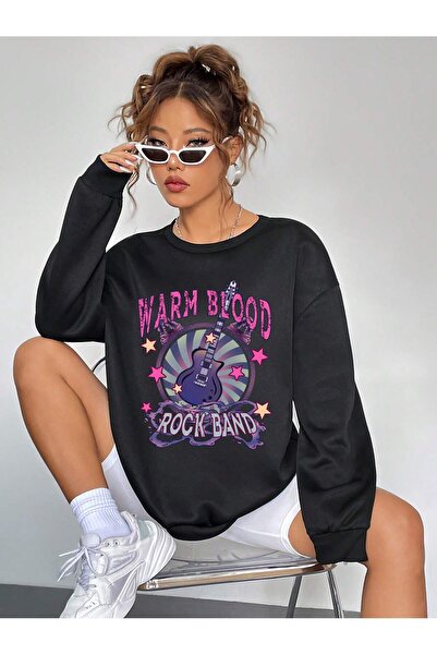 donamod Hanorac oversize cu umăr cu imprimeu cu litere și chitară din seria Coke