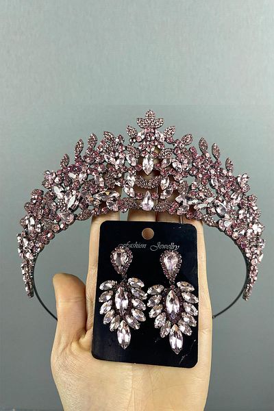 Hayalperest boncuk Pink Oscar Bridal Henna Crown and Shuttle Earring Set