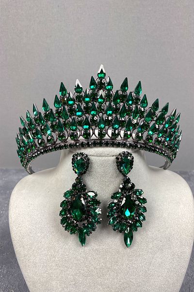 Hayalperest boncuk Set de cercei și coroană de mireasă 3D Green Drop